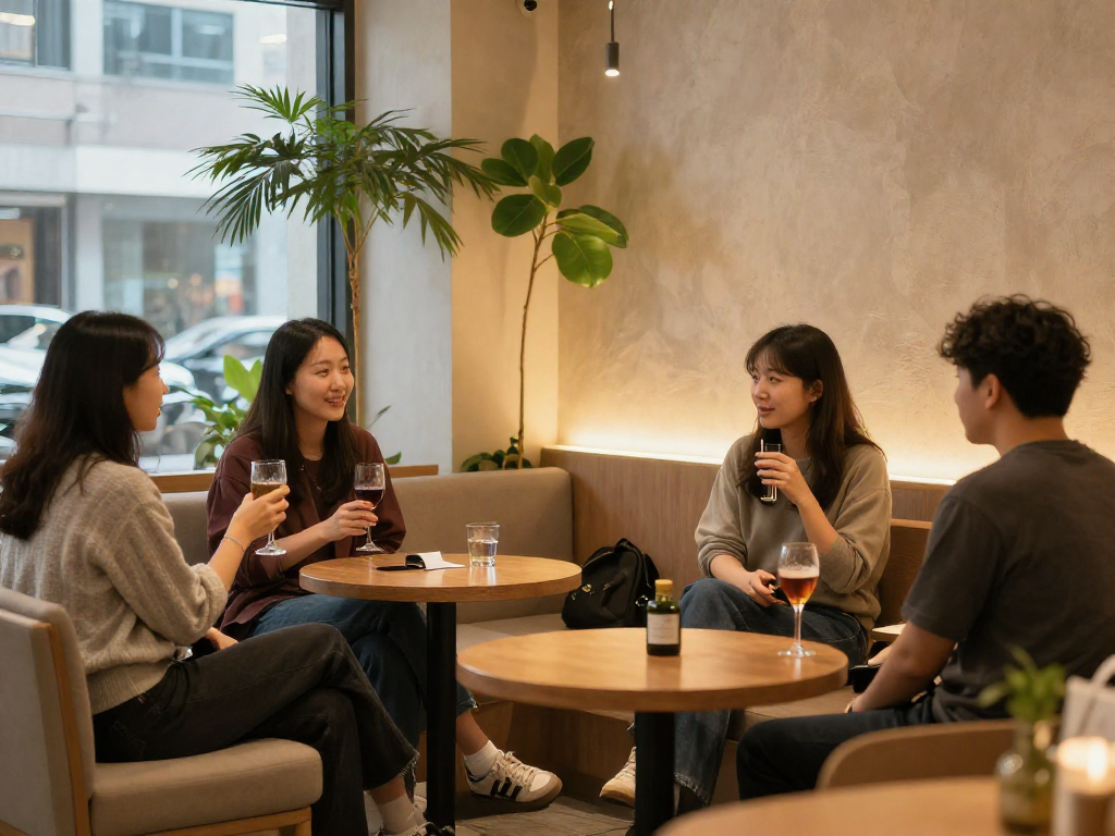 강남쩜오 멀리건의 아늑한 내부에서 사람들이 대화를 나누며 음료를 즐기는 모습
