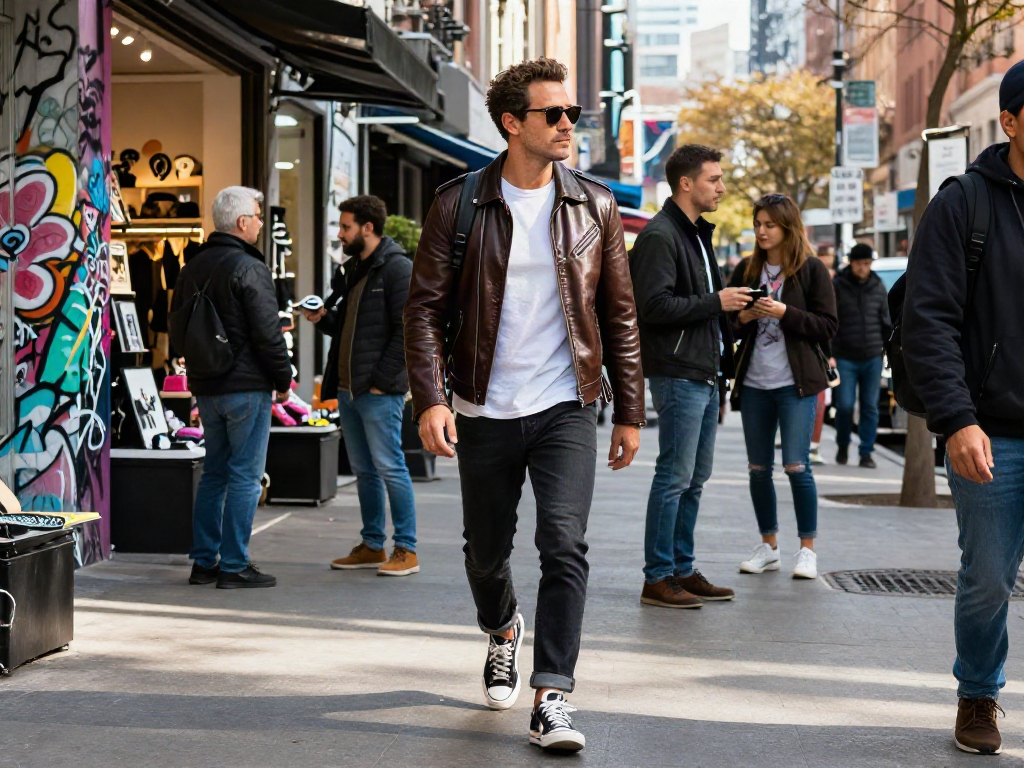 Stylish man wearing men's leather jackets in urban setting, showcasing fashion-forward style in vibrant street.